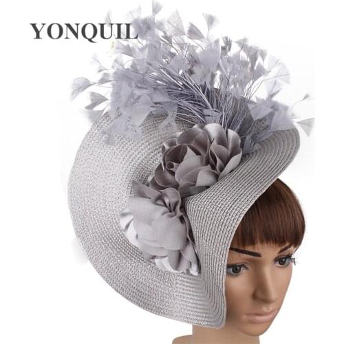 Imitation straw big derby fascinator hat nice flower headpiece headband with fancy feather race hair accessories hair clip