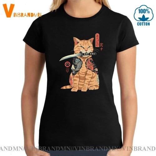 Funny Bad Ass Cat Tattooed Koi Fish Like A Samurai T-shirt Summer Harajuku Tees Japanese aesthetics Short Sleeves T shirts