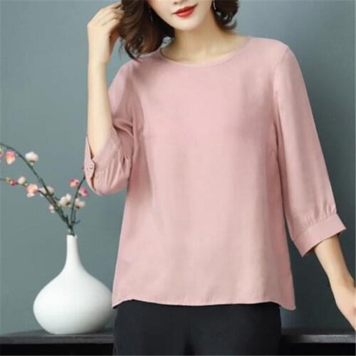 Woman Summer Plus Size Solid Short Sleeve O-neck 35% Silk Shirts Female Spring Fall Oversized Hedging Fold Slim Silk Blouse