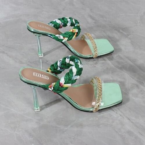 Womens shoes 2021 summer new one-character Chain color matching braided belt high heel stiletto fashion womens sandals 9CM