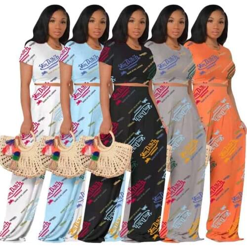 Women 2 Piece Set Letter Print Short Sleeve Crop Tops Loose Wide Leg Long Pants Two Piece Sets Sweatsuit Outfit Summer