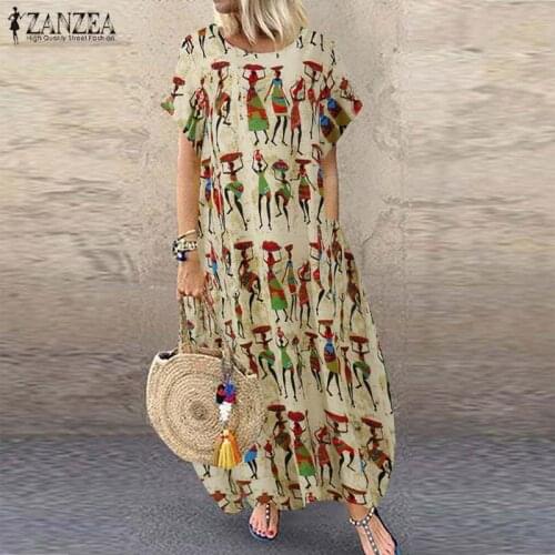 ZANZEA Summer O Neck Short SleeveDress Women Vintage Printed Loose Long Sundress Casual Party Baggy Dresses Beach Vestidos