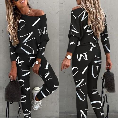 2020Autumn Casual Sportswear 2 Piece Sets For Womens Personality Letter Print Loose T-shirt High Waist Trousers Pant Tracksuit