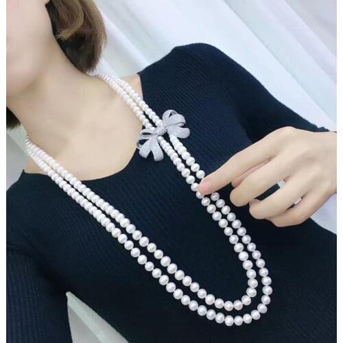 Herhome Top New Fashion 2 Layer Pearl Necklaces Cubic Zircon Micro Pave Setting Women Party Accessories with Free Shipping