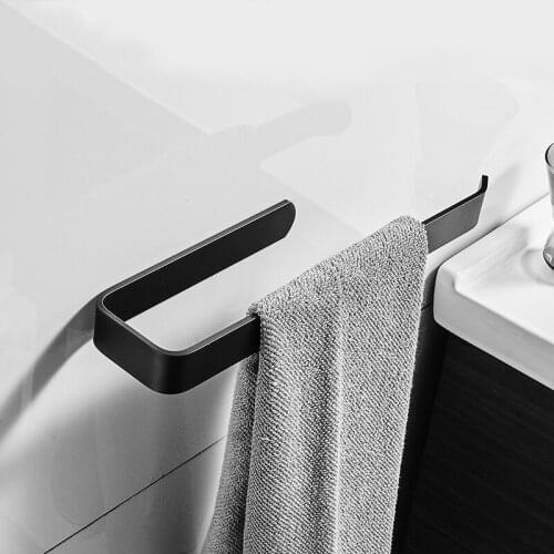 Aluminum Wall Hanging Towel Rack Bathroom Bedroom toilet Roll Paper Holder Self-adhesive Towel Ring Storage Shelf Hanger Black
