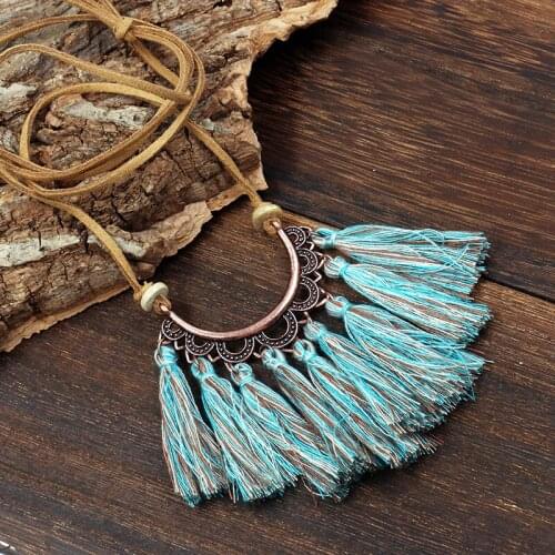 Bohemia Ethnic Handmade Frige Tassel Long Necklaces for Women Vintage Gypsy U Shape Pendants Necklaces Sweater Chain Choker