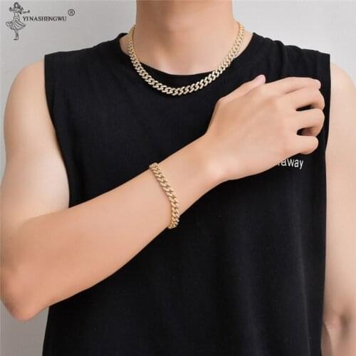 Iced Out Miami Curb Cuban Chain Necklace 9mm Paved Rhinestones Necklace Bracelet Set Men Hip Hop Rapper Accessories Jewelry