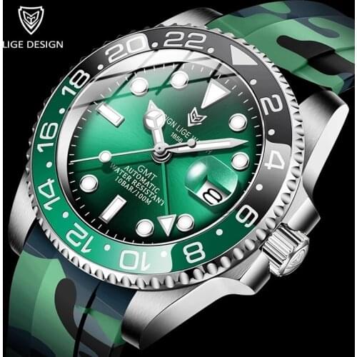 LIGE Design Brand Luxury Mechanical Watch Men Automatic Green Watches For Men Silicone Diving Business Sports Wrist Watch Reloj