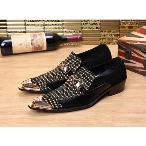 Christia Bella Handmade Fashion Metal Pointed Toe Mens Party Shoes Genuine Leather Sequins Male Crystal Buckle Dress Shoes