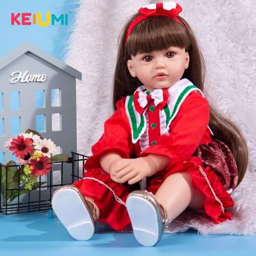 KEIUMI 60 CM Reborn Baby Girl Doll Real Touch Long Hair Red Christmas Dressed Newborn Doll Toys For Birthday Christmas Gifts
