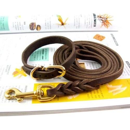 Leathe Dog Collar and Leash Set Dog Chain Traction Rope for Middle and Small Dogs