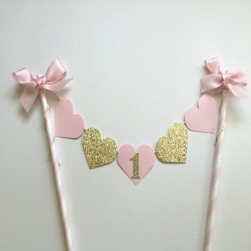 1 set Kawaii Glitter Gold Baby Girl First Birthday Party Cake Decoration Pink Heart Topper with Bowknot