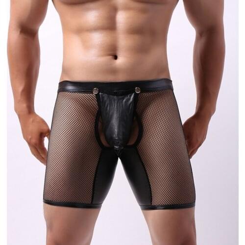 Boxer Men Underwear Sexy Night Club Mesh Leather Mens Open Crotch Button Boxers Cuecas Masculina Underpant Boxershorts Man