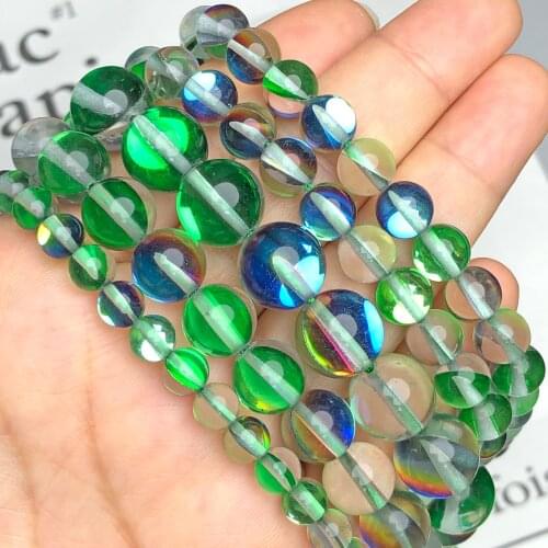 Natural Stone Green Multicolor Austrian Crystal Beads Round Glitter Moonstone Beads For Jewelry Making Diy Bracelet 6 8 10 12mm