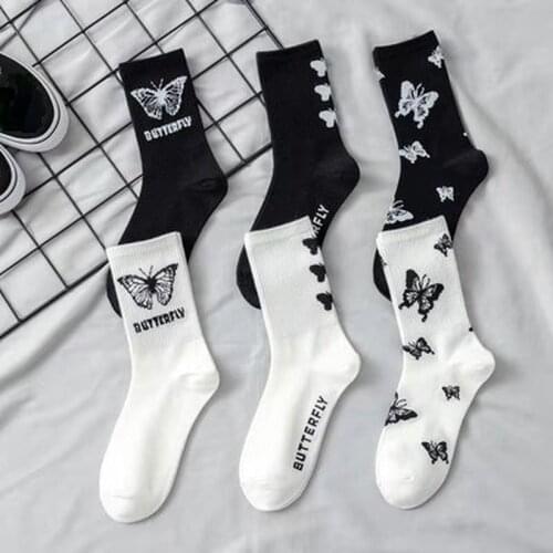 Cartoon socks cute bow print white black calcetines funny fall harajuku fashion kawaii skarpetki damskie woman chaussette femme