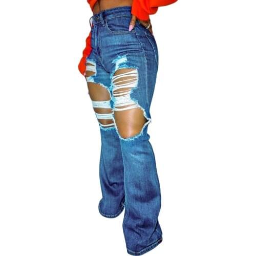 2021 New Womens High Elastic Jeans Trousers With Holes Wide Leg Pants Pantalon Femme