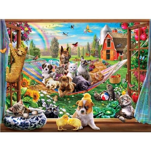 Window Cat Dog 5D DIY Full Square Round Diamond Painting Cross Stitch Diamond Embroidery gift Animals mosaic Home Decor JX2459