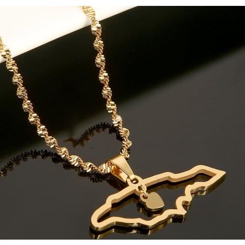 Stainless Steel Gold Color Jamaica Map Pendant Necklaces Jamaican Map Heart Jewelry