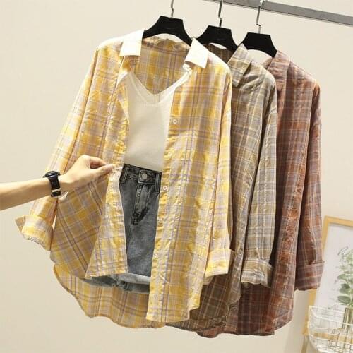 Spring Summer Plaid Shirt Women Blouses Fashion Casual Long Sleeve Thin Lapel Shirt Loose Sunscreen Cardigan Female Student Top