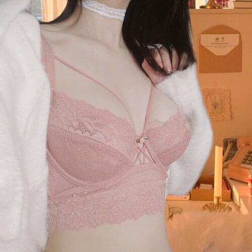 Sexy lingerie brief embroidery gathered thin lace cross straps underwear set with steel ring big breasts show small bra