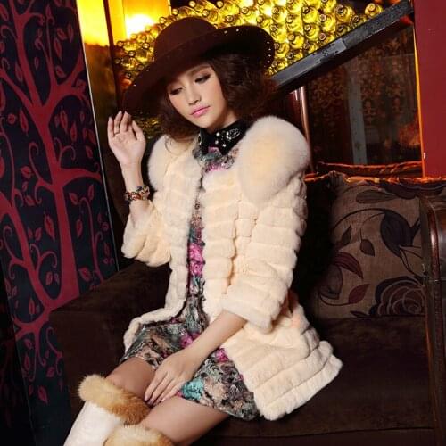 Real natural genuine full pelt rabbit fur coat with fox fur shoulder women fashion whole skin fur jacket luxury big size 3XL