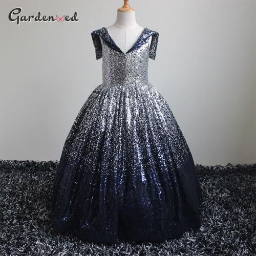 Sequin Vneck Kids Prom Party Dress Floor Length Girl Evening Dresses Short Sleeves Girl Wedding Dresses Girl Sailor Suit