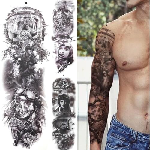 Military Temporary Tattoos Sleeve For Men Women Skeleton King Warrior Full Arm Tattoos Sticker War Black Fake Tatoos Long Sleeve