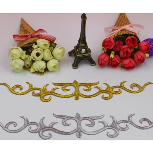 YACKALASI 5 Pcs Iron On Appliqued Lace Flower Gold Cosplay Costume Embroidered 3D Patches Gold and Silver Trims 25.7*5.3cm Diy