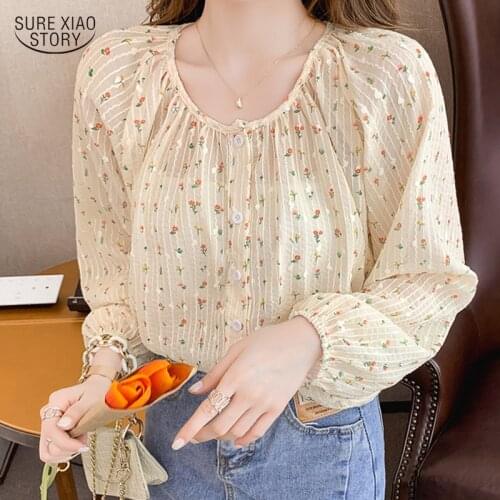 Lantern Sleeve Single-breasted Delicate Women Blouse Autumn Elegant Floral Chiffon Shirt Vertical Stripe Long-sleeve Shirt 16244