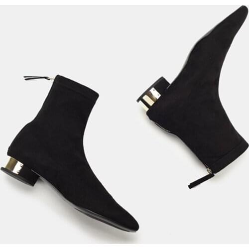 Flock Women Sock Boots Slim Fit Ankle Boots Square Low Heel Botas Mujer Autumn Short Booties Back Zipper Shoes Woman