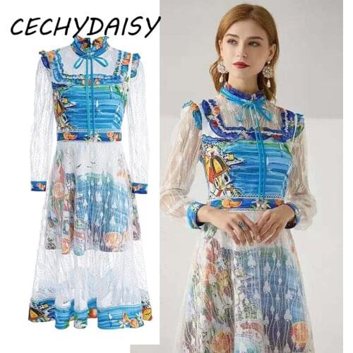 Runway Dress Women 2021 Autumn Winter Stand Collar Long Sleeve Patchwork Lace Ruched Vintage Floral Printed Party Midi Dresses