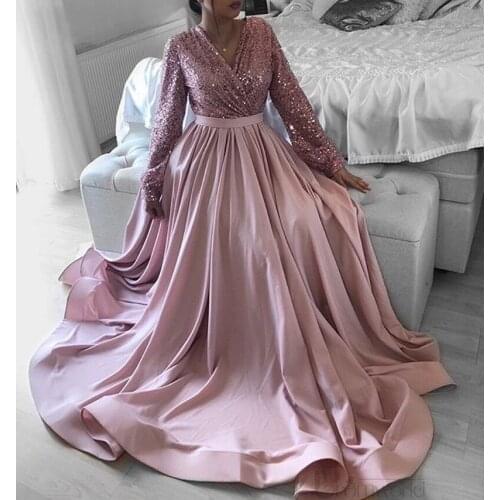 Pink V-Neck Long Sleeve Formal Dress Women Elegant Sequin Bodice Satin A-Line Plus Size Prom Evening Dresses Robe Soiree Dubai