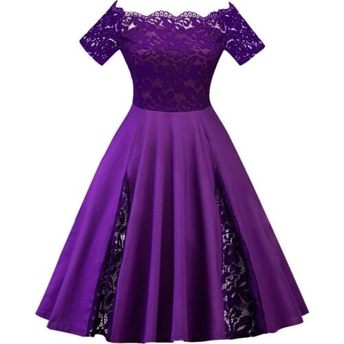 Womens Vintage Off Shoulder Slash Neck Lace Patchwork Swing Dress Large Size Cocktail Party Dresses XL-5XL