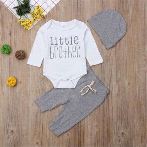 Little brother 3pcs Cotton Newborn Baby Boy Jumpsuit Romper Bodysuit Long Pants Outfit Set Spring Autumn Clothes 0-18M 3M