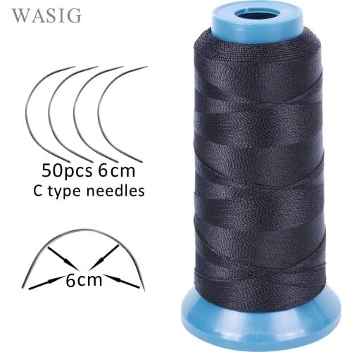 Free shipping 50pcs 6cm length C type weaving needles Curved needles and 1 roll Spools of weaving thread for hair weft