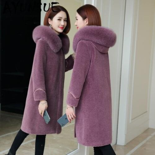 AYUNSUE 2020 Real Fur Coat Women 100% Wool Female Jacket Winter Clothes Hooded Fox Fur Collar Fashion Coats Ropa De Mujer 1957