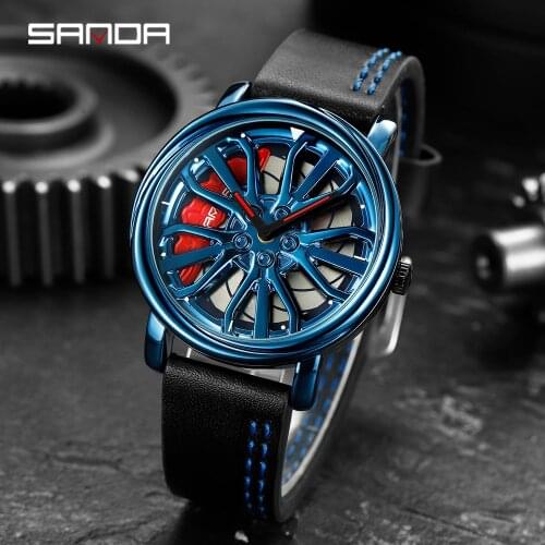 Sanda Mens With Rim Hub Leather Watch Run Car Wheel Watch Fashion Waterproof Sport WatchLuxury Brand Quartz Wristwatch 2020
