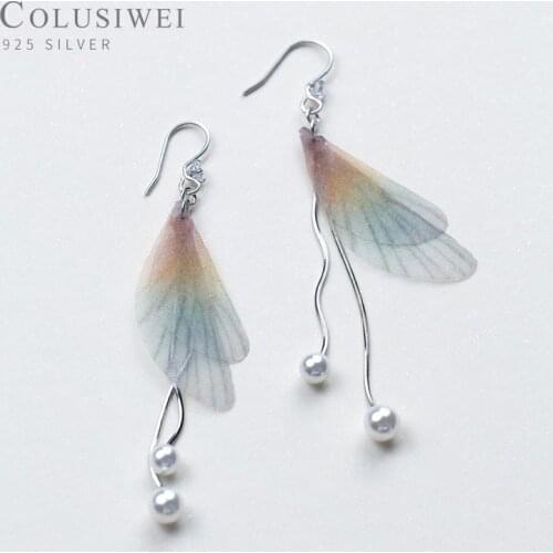 Colusiwei New Sterling Silver 925 Colorful Butterfly Wings Elegant Pearl Drop Dangle Earring for Women Hook Earring Fine Jewelry
