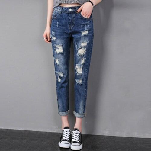 Denim fabric Destroy Wash jeans women jeans ripped hole jeans high waist pants ankle-length trousers students jeans