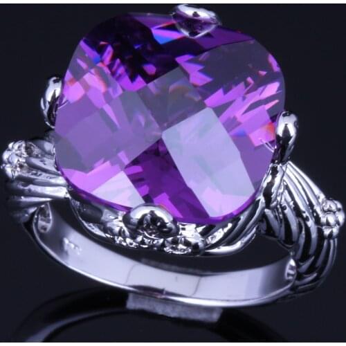 Exclusive Big Square Purple Cubic Zirconia Silver Plated Ring V0151