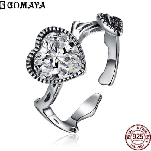GOMAYA 925 Sterling Silver Adjustable Design Heart Shaped Zircon Ring Creative Fine Jewelry Anniversary Gift For Girlfriend
