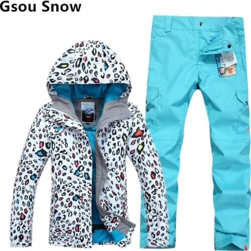 Gsou Snow Womens Ski Attire Female Snowboarding Racing Suit Showerproof Leopard Print Jacket And Blue Pants Walking Costume