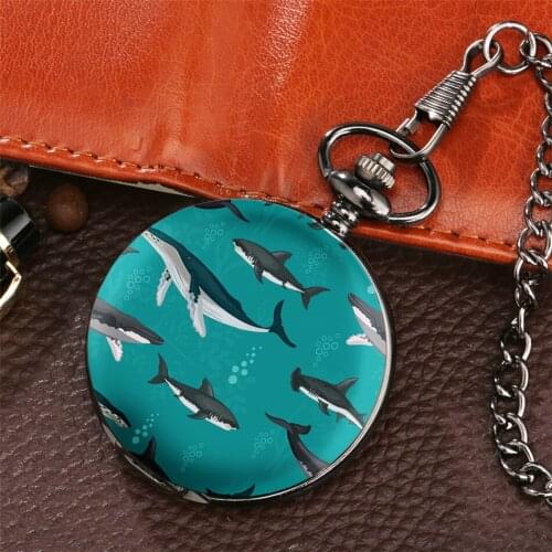 Pocket Watch Fashion Sharks Design Printing Fob Pendant Clock Quartz Movement Classic Arabic Numerals Round Dial Retro Watches