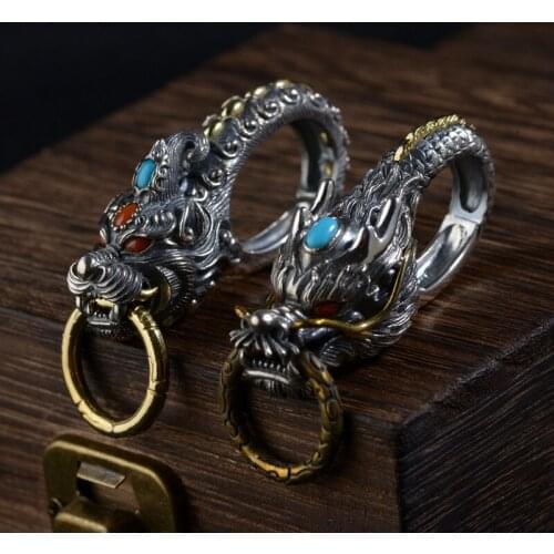 100% Pure 925 Sterling Silver VINTAGE biker Retro dragon keyring key ring keychain chain clasp wholesale jewelry Birthday Gifts