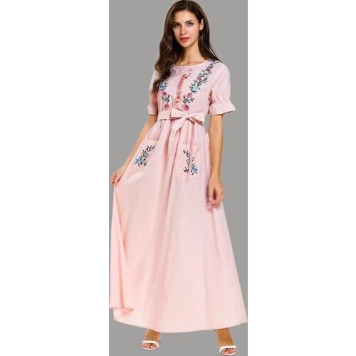 Pink Summer 2021Loose Casual Ethnic Dress Bandage Thin Short sleeve Plus Size Maxi Dress for Women Arabic Muslim Islamic Clothes