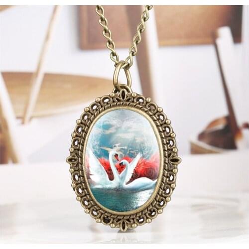 Mini Size Oval Double Swans Pattern Quartz Pocket Watch Necklace Women Watches Ladies Timepieces Pendant 2019 New Fashion Clock
