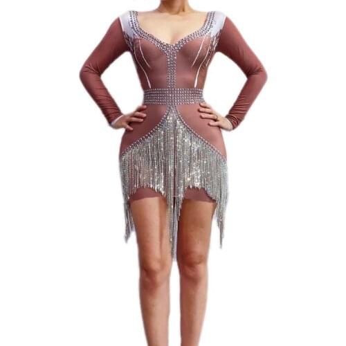 Fashion Sparkly Crystals Fringes Dress Evening Party Long Sleeves Rhinestones Stretch Dress Birthday Celebrate Diamons Dress