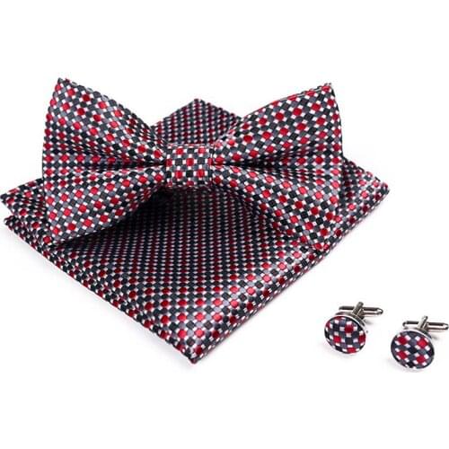Novelty Mens Bowtie Handkerchief Burgundy Bow Tie Pocket Square Cufflinks Set Dot Plaid Stripe Wine Red Wedding Vintage Necktie