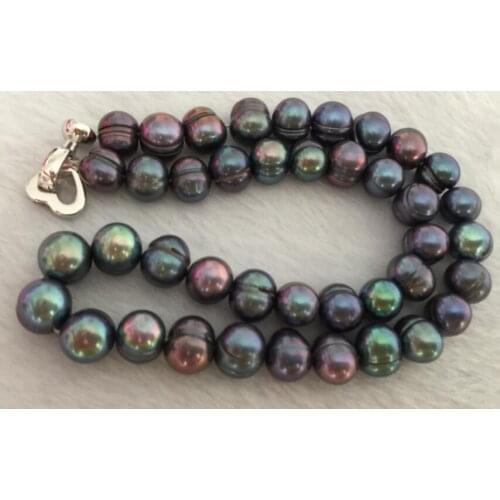 Huge 9-10mm south sea baroque black green pearl necklace 18inch 925s