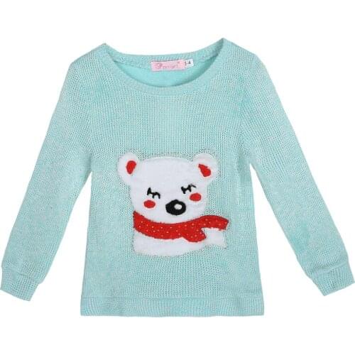 2021 Autume Winter Knit Sweater for Girl Light Blue Cute Polar Bear Casual Size 3 5 7 Years Old Children Kids Outfit